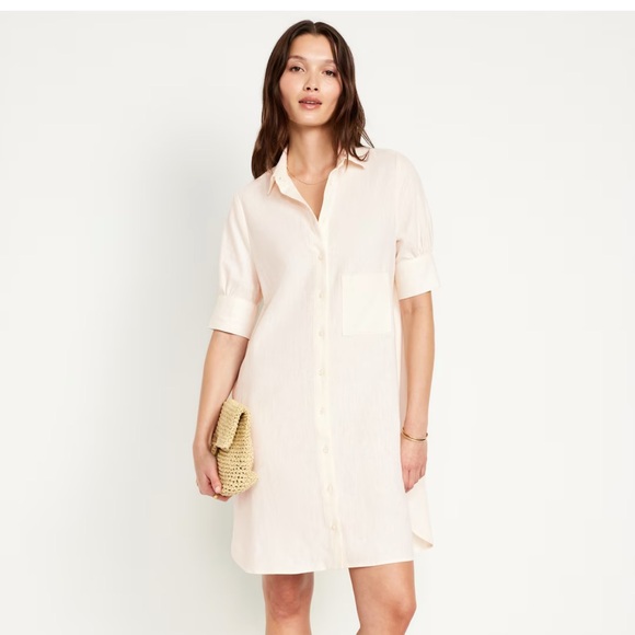 NWT OLD NAVY Linen-Blend Shirt Dress  Color: Creme De La Crème - Picture 3 of 7